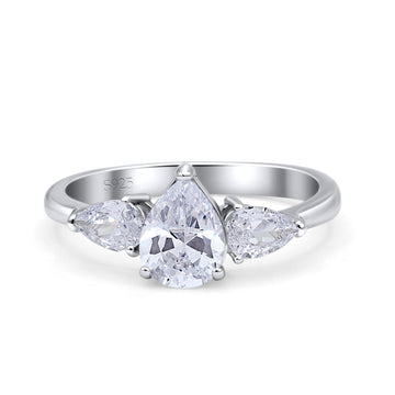 Three Stone Teardrop Pear Art Deco Simulated Cubic Zirconia Engagement Ring 925 Sterling Silver